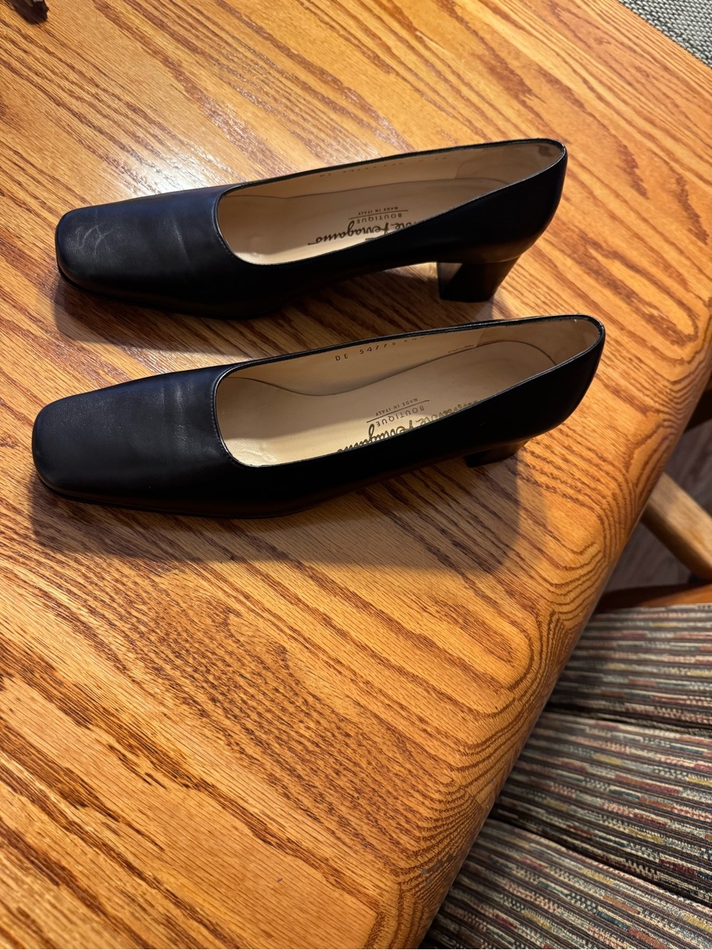 Salvatore Ferragamo Black Leather Low Block Heel Pumps